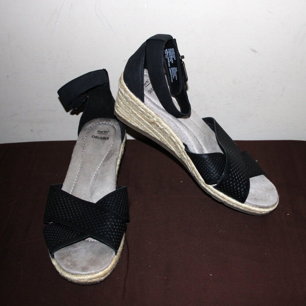 14A   EC LADIES EARTH ORIGINS WEDGE SANDALS - BLACK LEATHER - 10